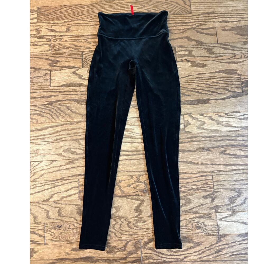 Spanx Velour Leggings Women’s Medium Black High Waist Stretch Velvet Pull On‎